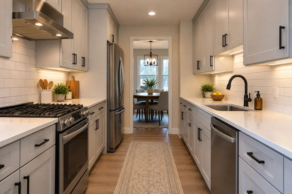 Galley kitchen with sprayed cabinets