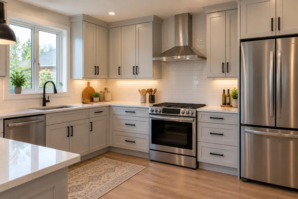 L-shape kitchen with sprayed cabinets