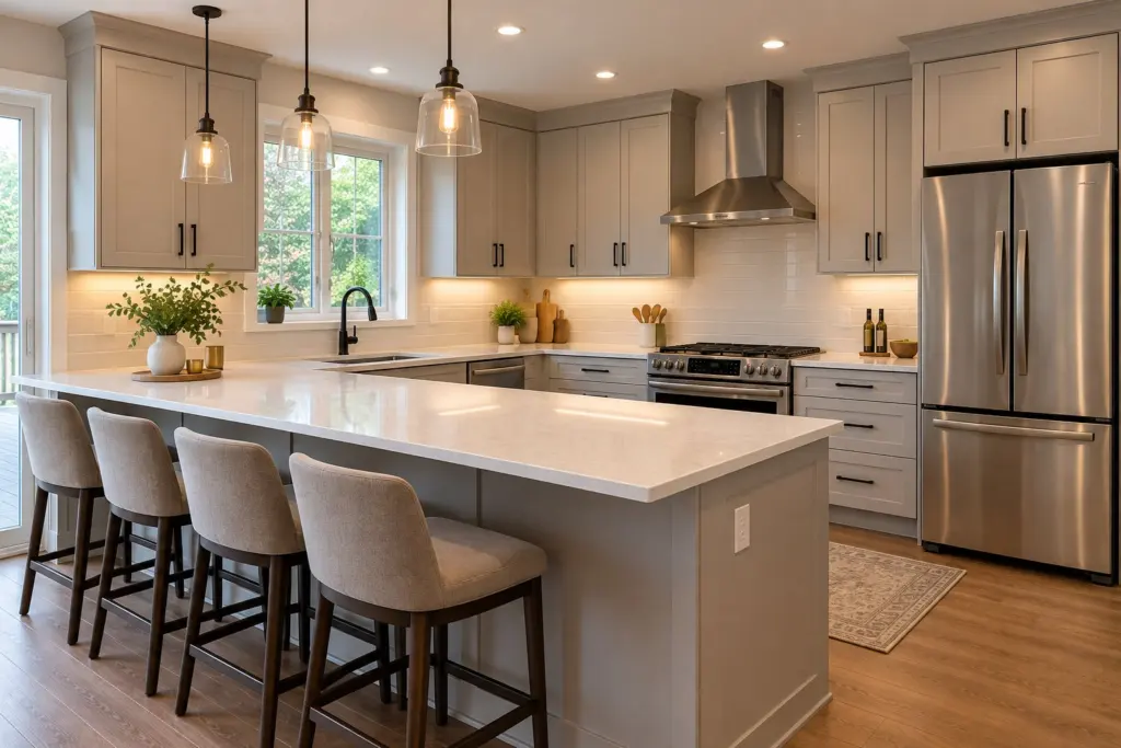 Peninsula (G-shape) kitchen with sprayed cabinets