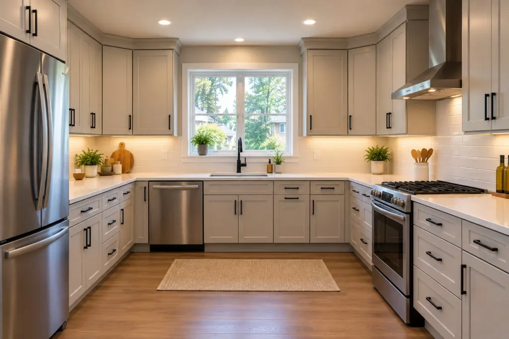 U-shape kitchen with sprayed cabinets